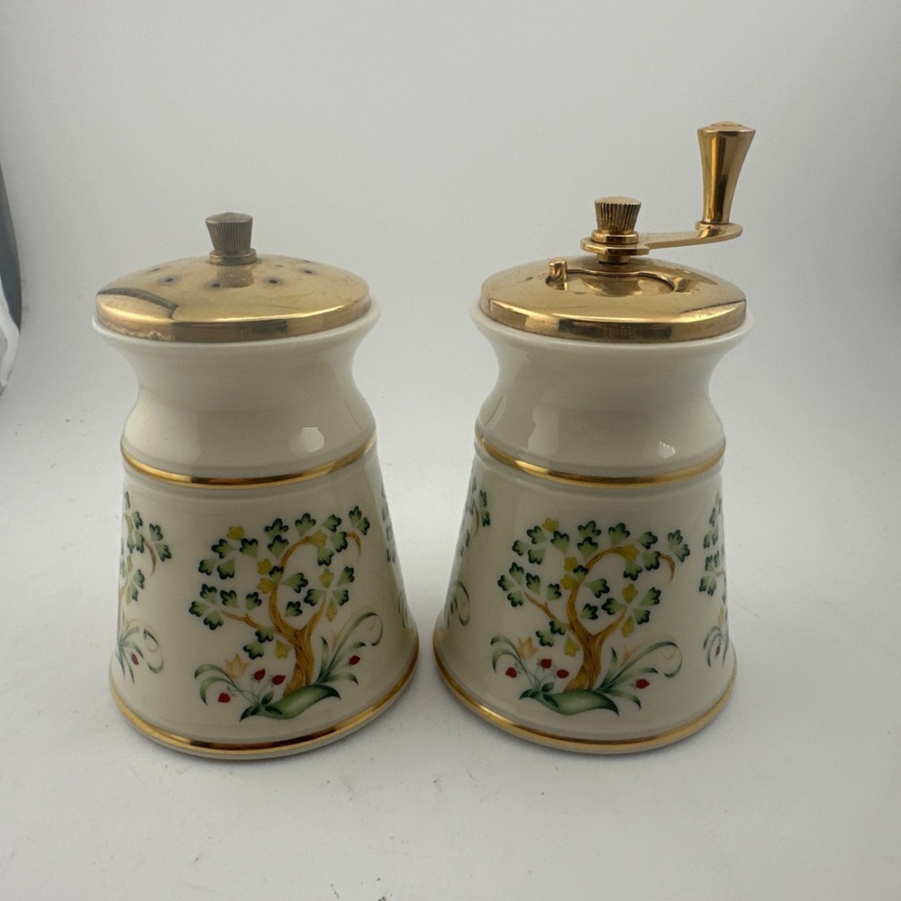 LENOX Salt Shaker & Pepper Mill Set Hand Painted Trees Flowers 24K Gold Trim USA